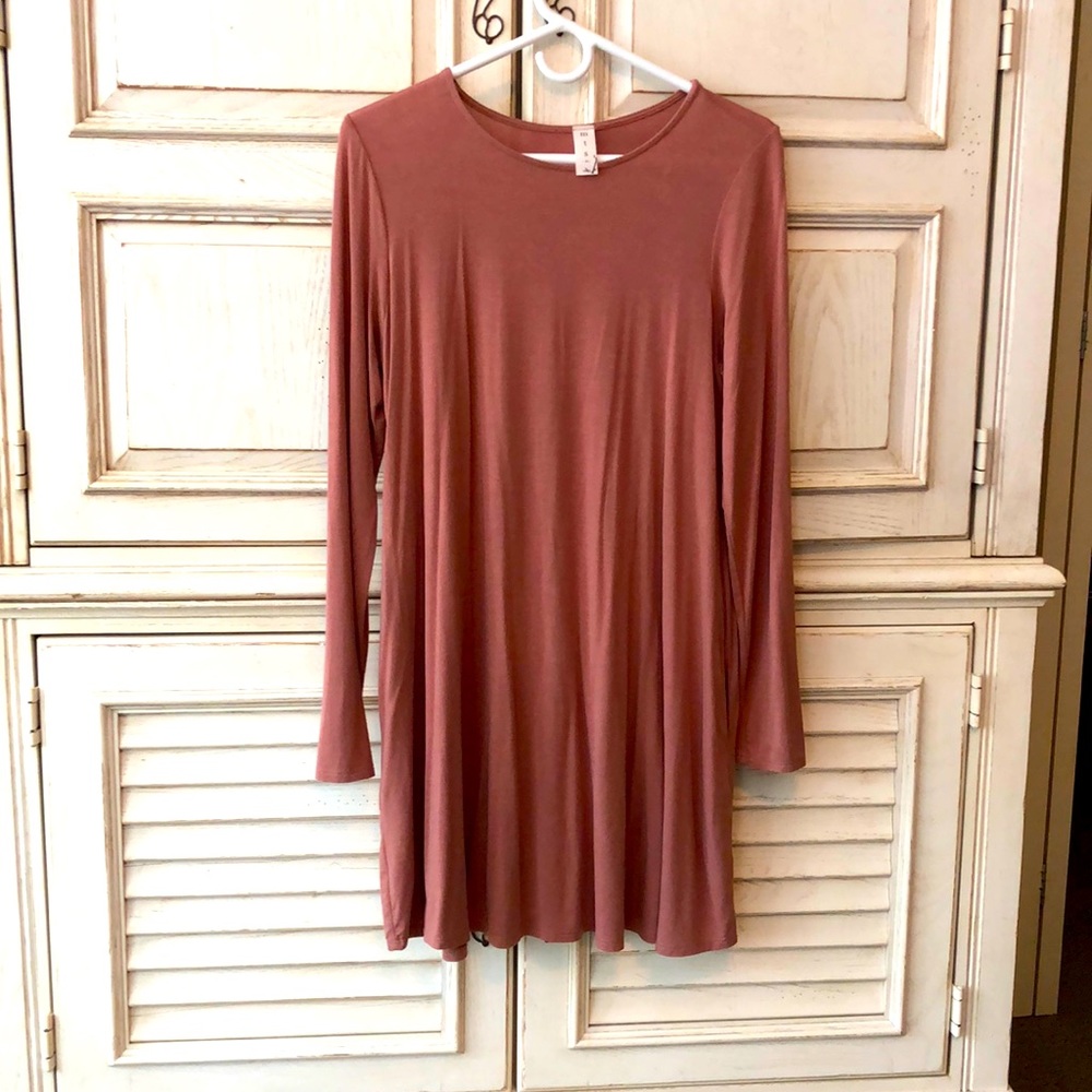 Blush colored short dress or used as a tunic with leggings.
